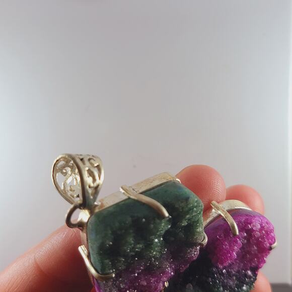 Sterling Silver Rainbow Drusy Pendant Raw Slice Gem Crystal Quartz 2.5" - Picture 10 of 10